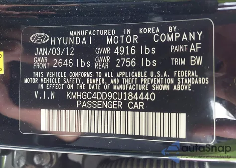 2012 Hyundai Genesis 3.8 z USA, uszkodzony, nr VIN KMHGC4DD9CU184440